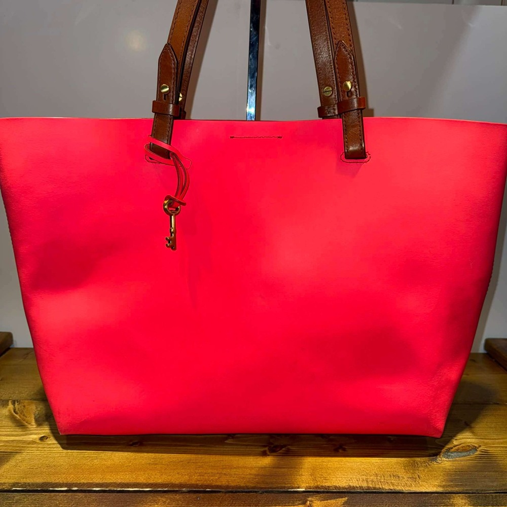 Fossil Rachel Tote Neon Coral Pink Leather Shoulder Bag‎ + Zip Wristlet - Picture 2 of 7